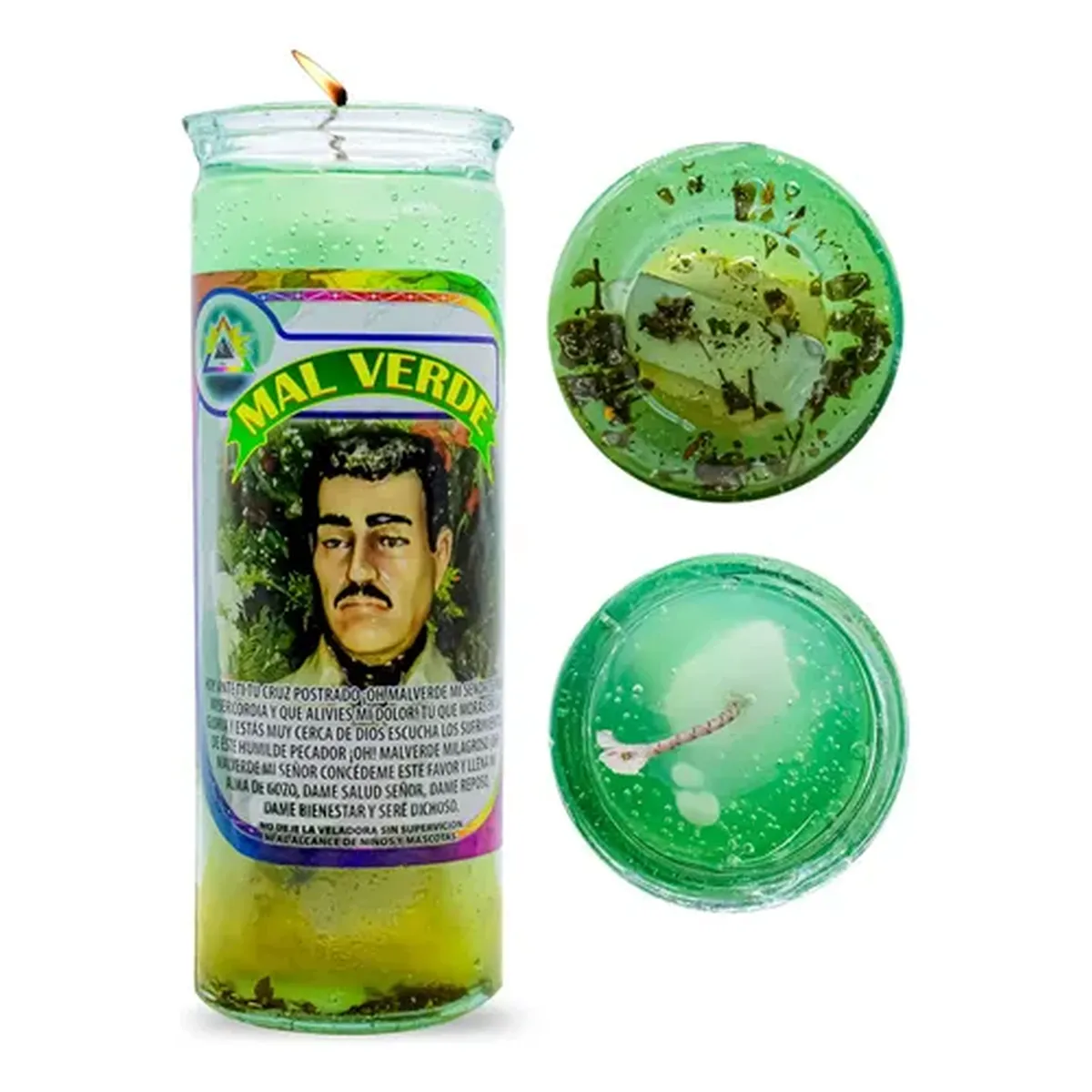 Veladora Gel Malverde Angel de Los Pobres Vaso Vidrio Verde