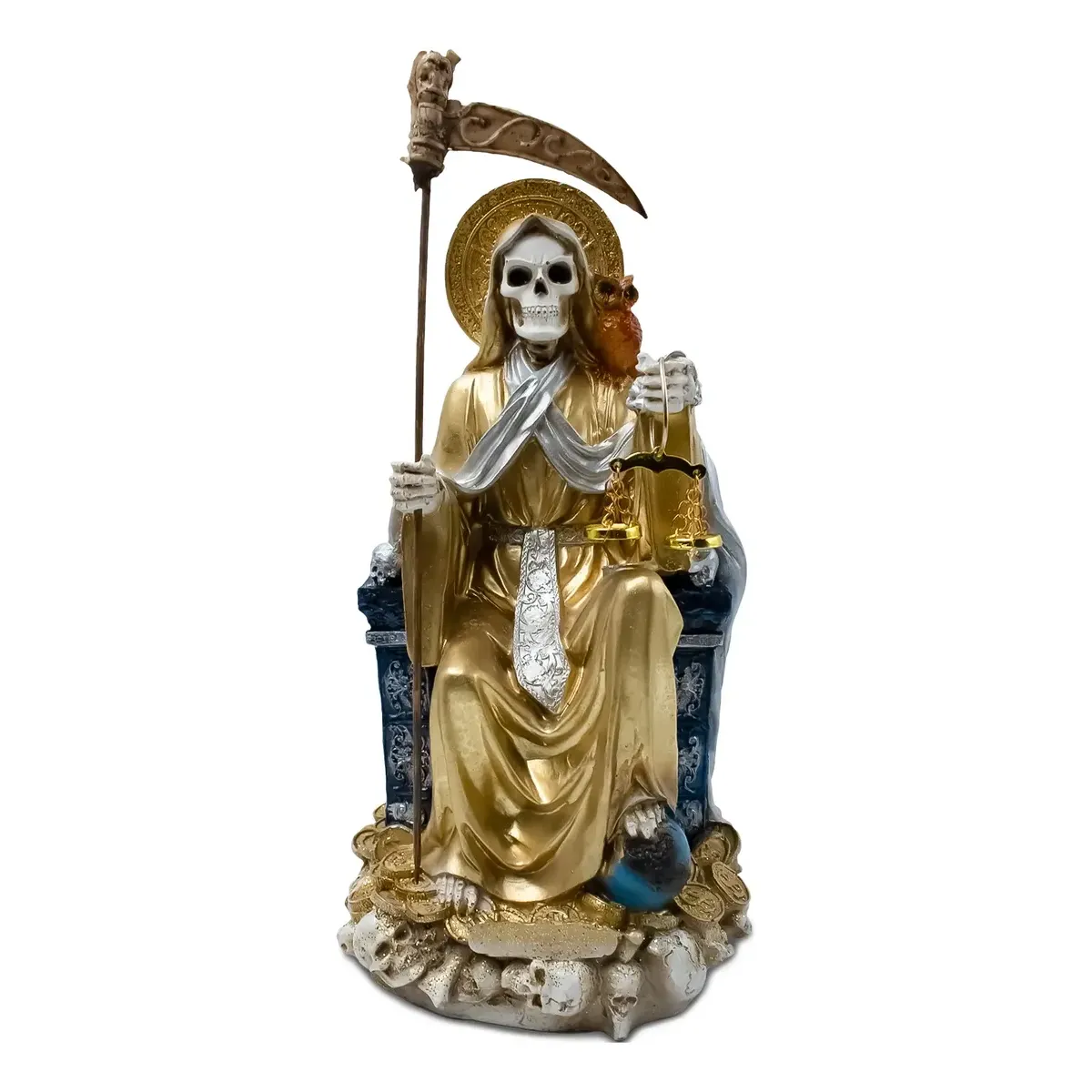 Santa Muerte Dorada Suprema Sentada Buho Curada